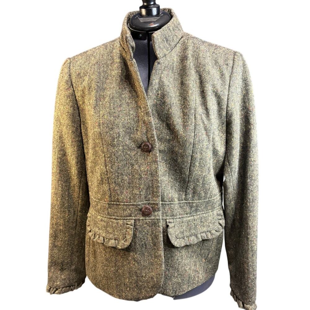 VTG  Harve Benard Sz 10 Olive Brown Tweed Wool blend blazer with Ruffle details